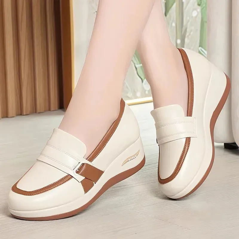 4.5cm Breathable Comfortable Mix Color Soft Leather Loafers Spring 2025 Med Heels Platform Wedges Shoes Driving Moccasins