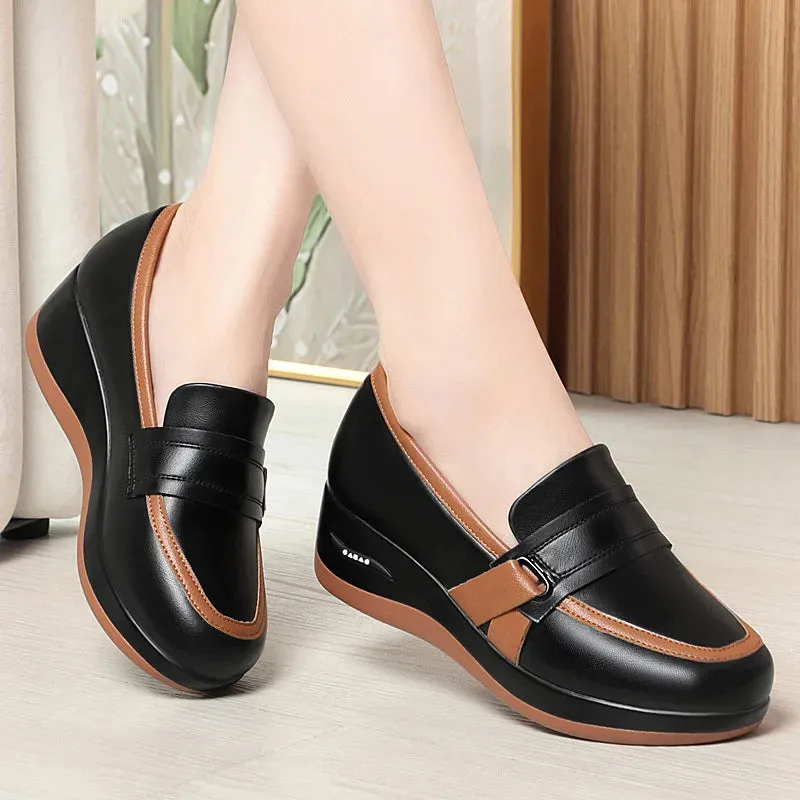 4.5cm Breathable Comfortable Mix Color Soft Leather Loafers Spring 2025 Med Heels Platform Wedges Shoes Driving Moccasins