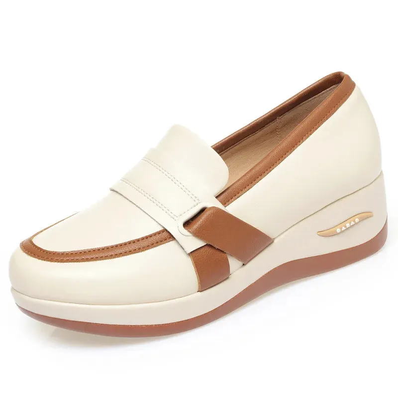 4.5cm Breathable Comfortable Mix Color Soft Leather Loafers Spring 2025 Med Heels Platform Wedges Shoes Driving Moccasins