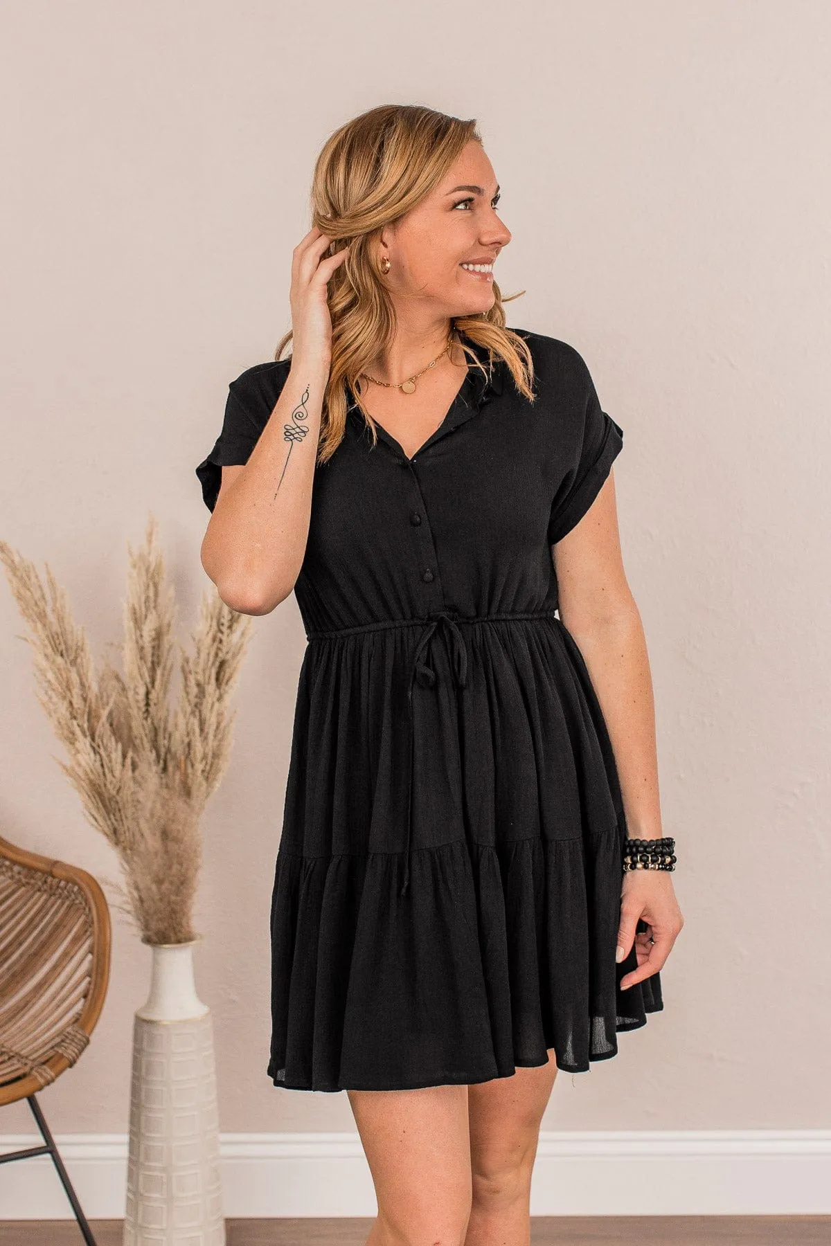 Always Wait For Me Collared Mini Dress- Black