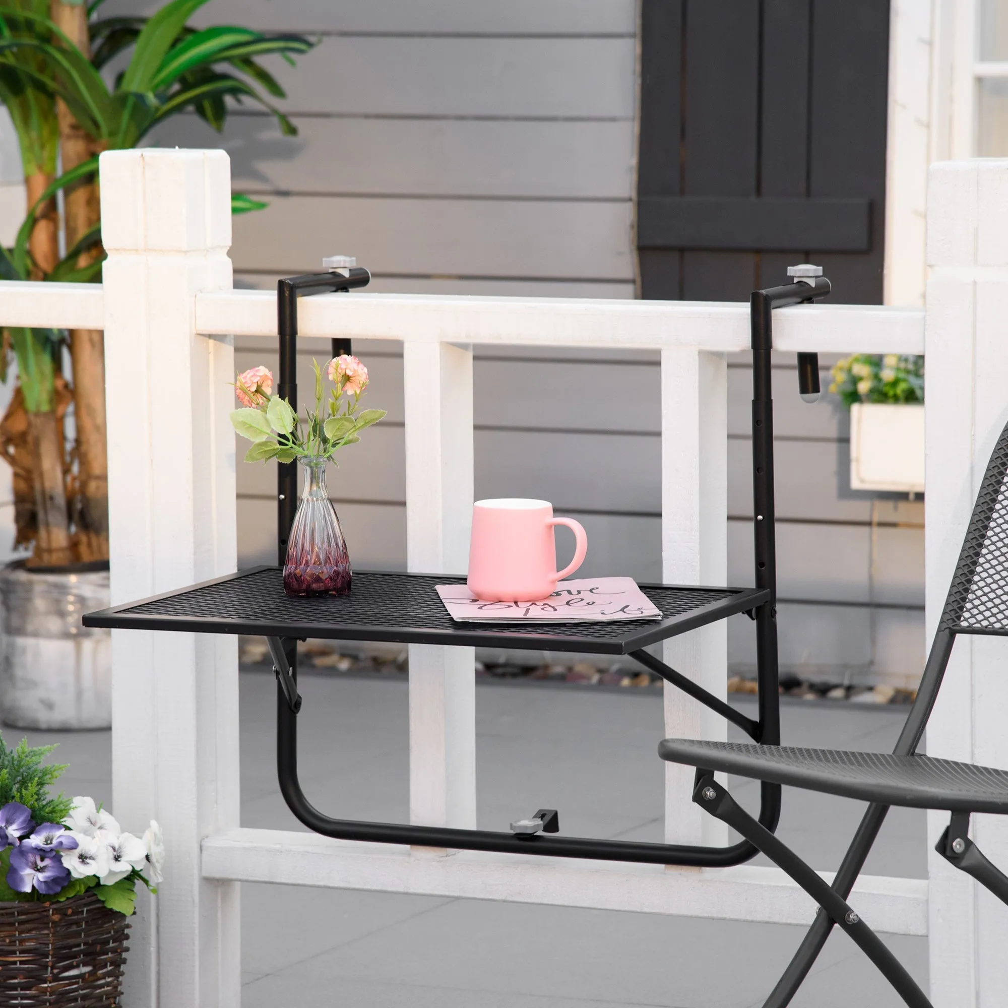 Balcony Hanging Table Metal Wall Mount Desk Adjustable Folding Balcony Deck Table For Patio And Garden Black