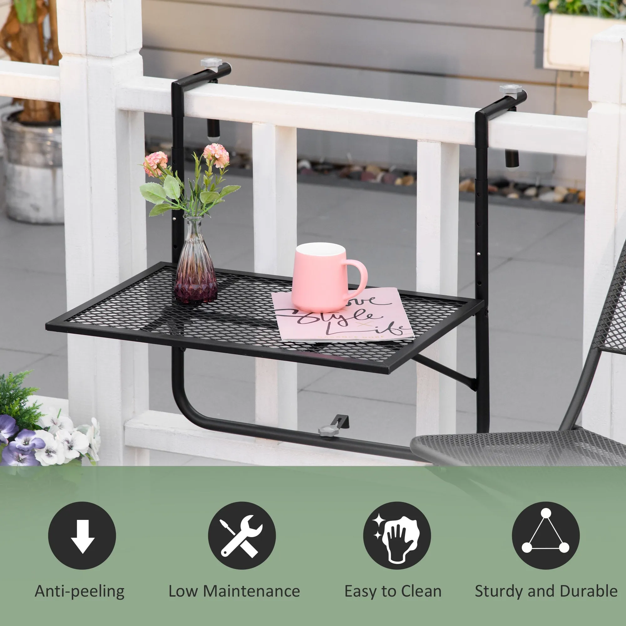Balcony Hanging Table Metal Wall Mount Desk Adjustable Folding Balcony Deck Table For Patio And Garden Black