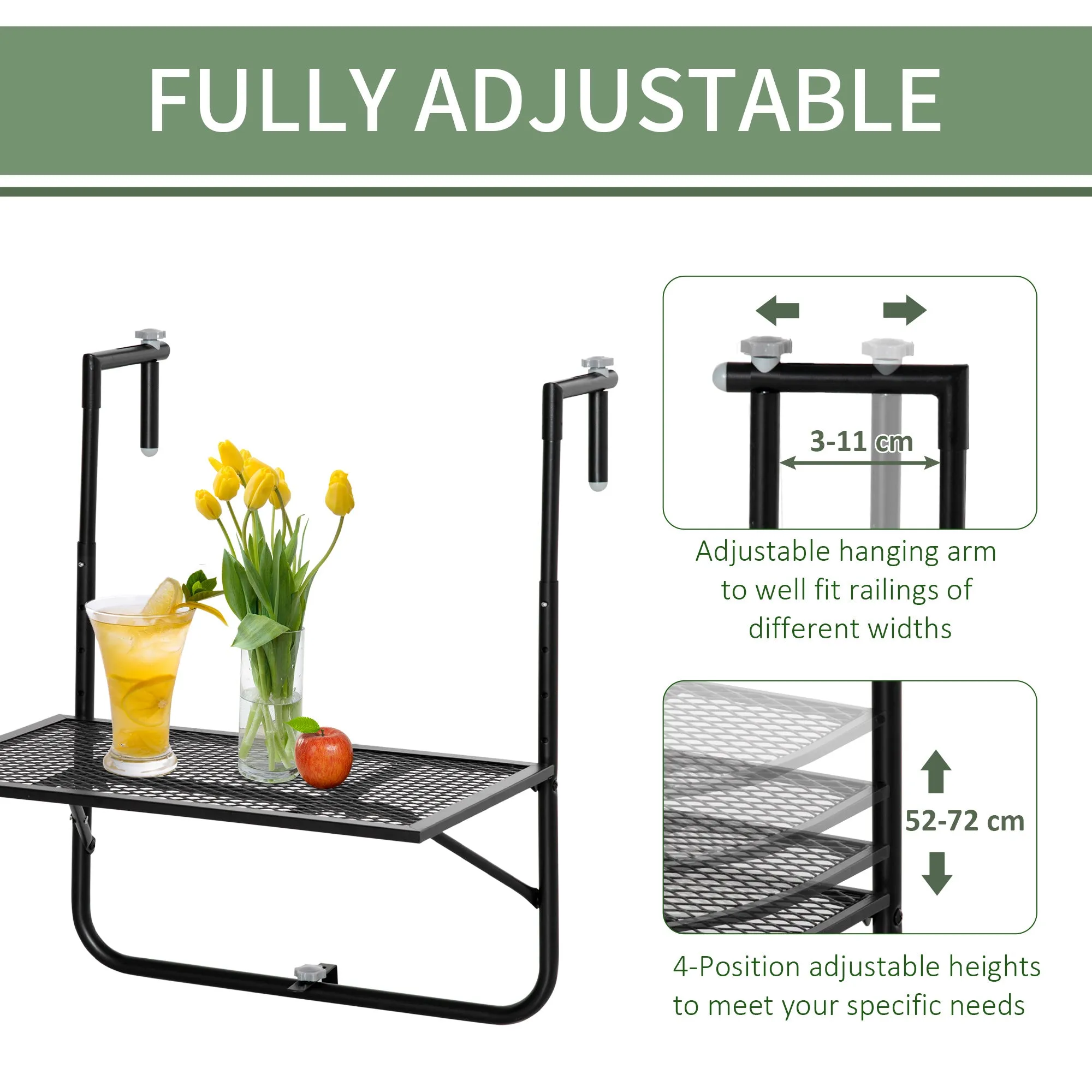 Balcony Hanging Table Metal Wall Mount Desk Adjustable Folding Balcony Deck Table For Patio And Garden Black