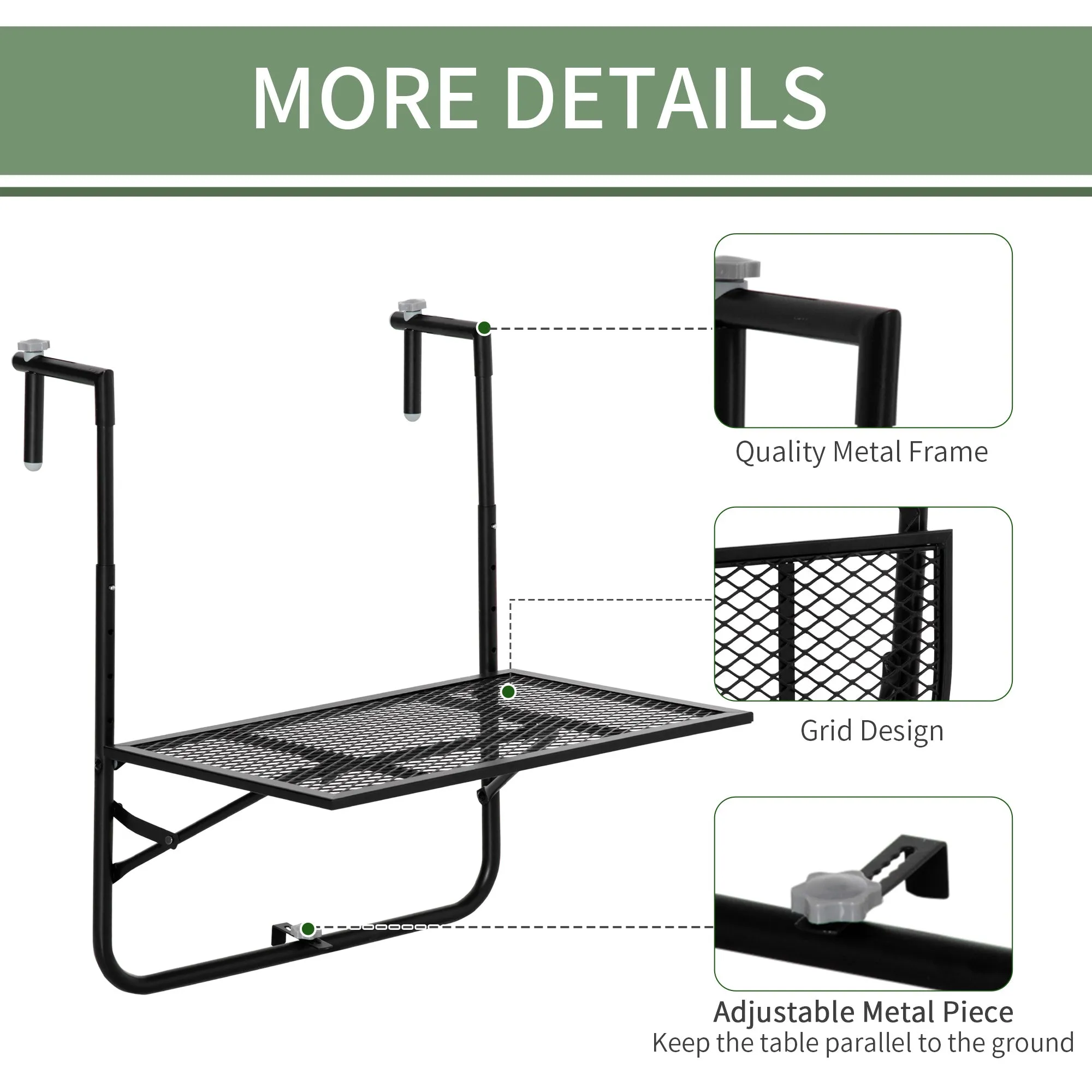 Balcony Hanging Table Metal Wall Mount Desk Adjustable Folding Balcony Deck Table For Patio And Garden Black