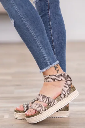 Black and Beige Aztec Print Strap Sandals