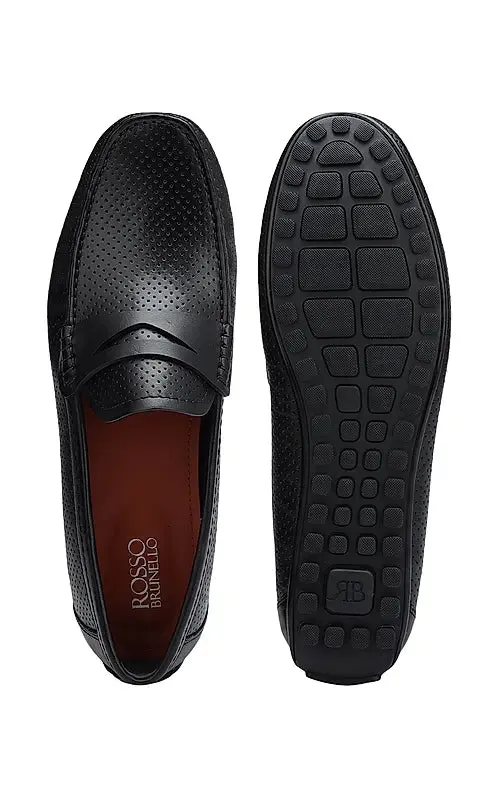 Black perforated Leather Moccasins
