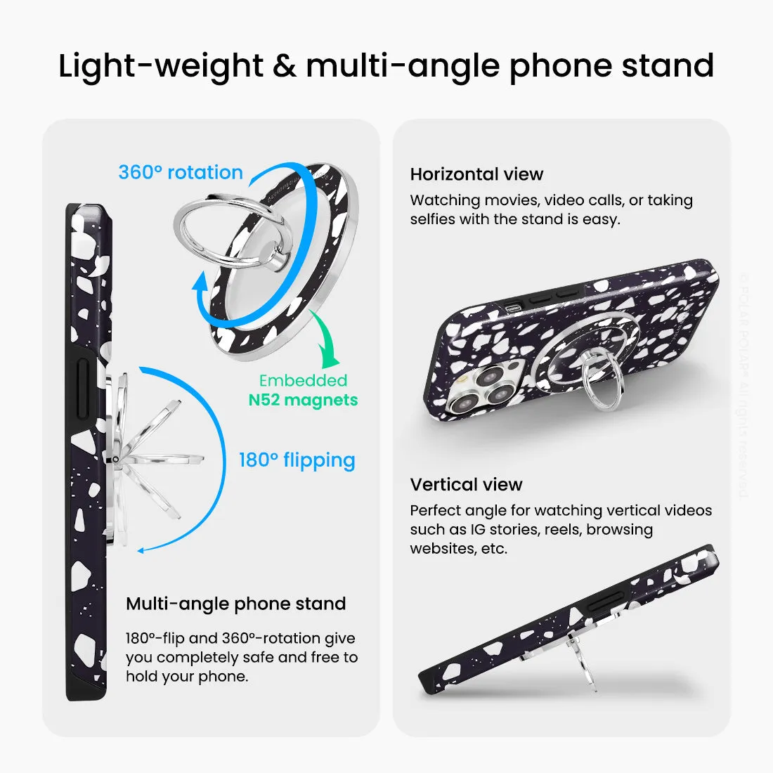 Black Rocky Road Terrazzo - Silver MagSafe Phone Grip and Ring Holder Stand