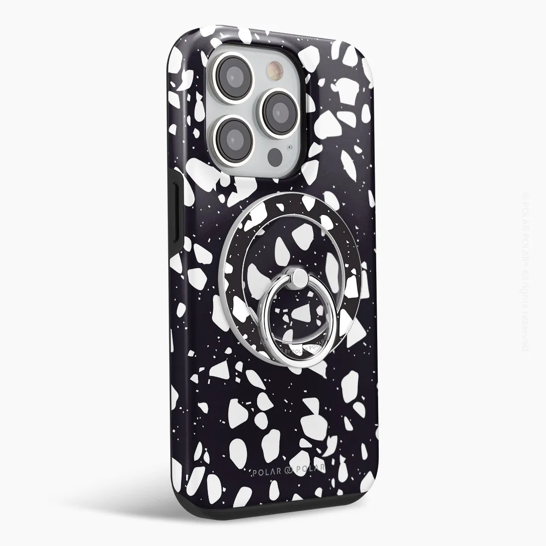 Black Rocky Road Terrazzo - Silver MagSafe Phone Grip and Ring Holder Stand