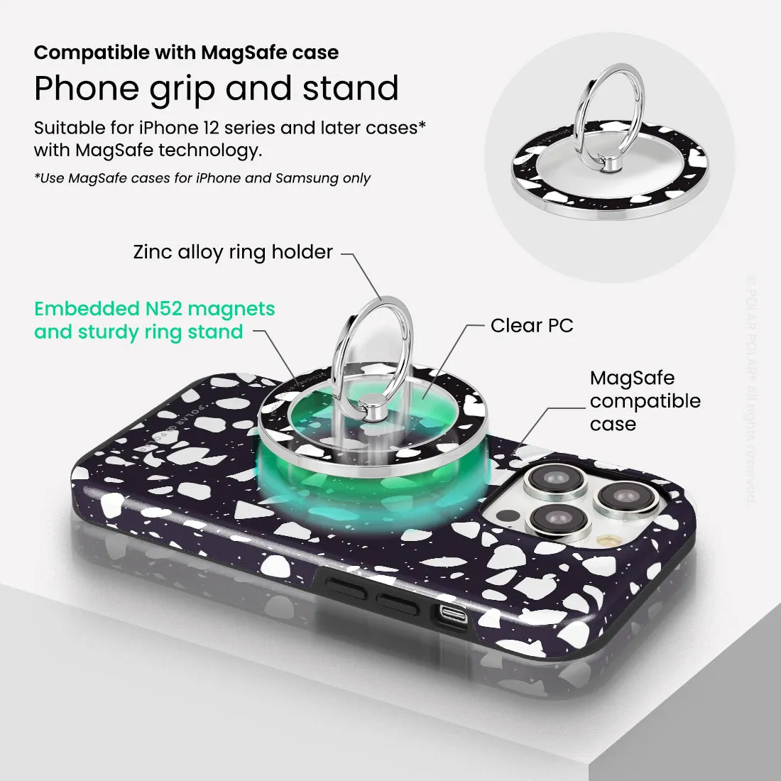 Black Rocky Road Terrazzo - Silver MagSafe Phone Grip and Ring Holder Stand