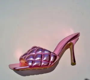 Bottega Veneta Quilted Padded Mules In Metallic Pink Leather Sandals Heels