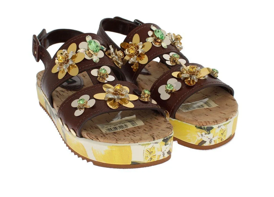 Brown Leather Lemon Crystal Sandals