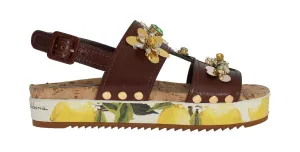 Brown Leather Lemon Crystal Sandals