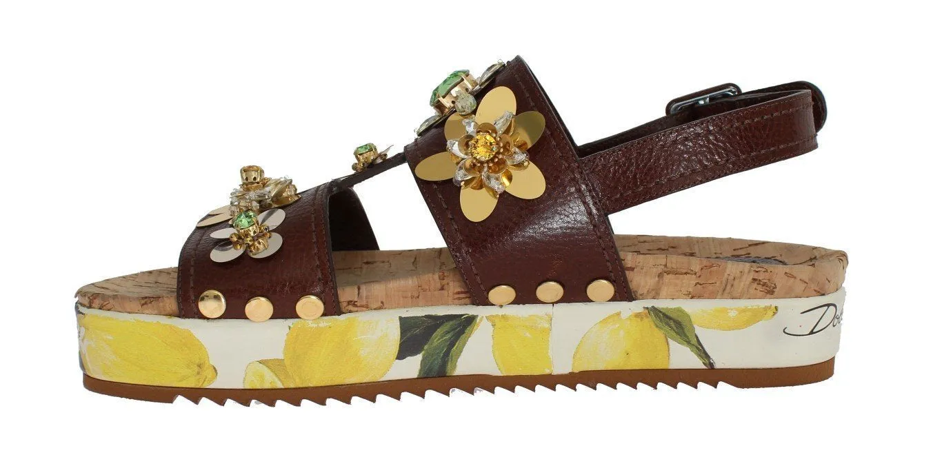 Brown Leather Lemon Crystal Sandals