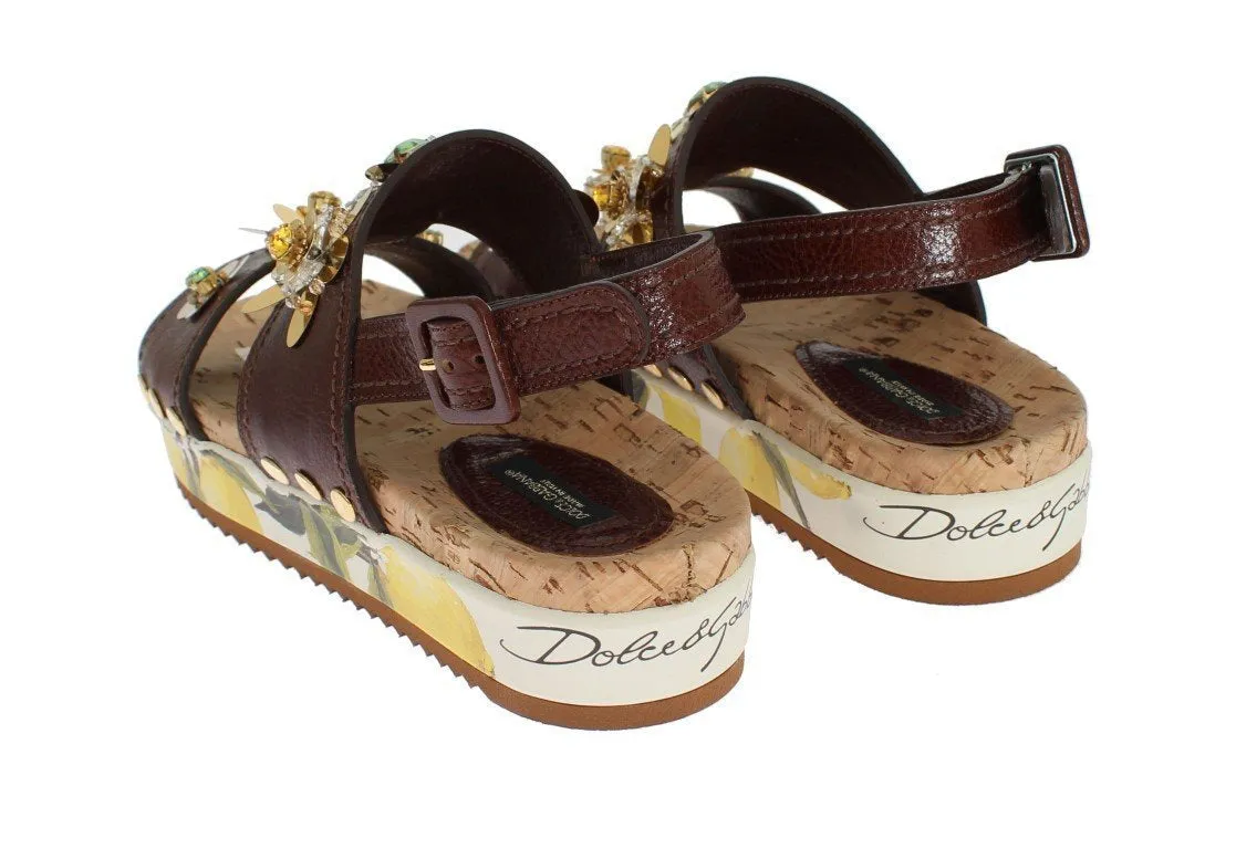 Brown Leather Lemon Crystal Sandals