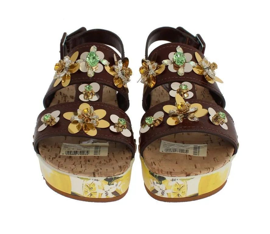 Brown Leather Lemon Crystal Sandals