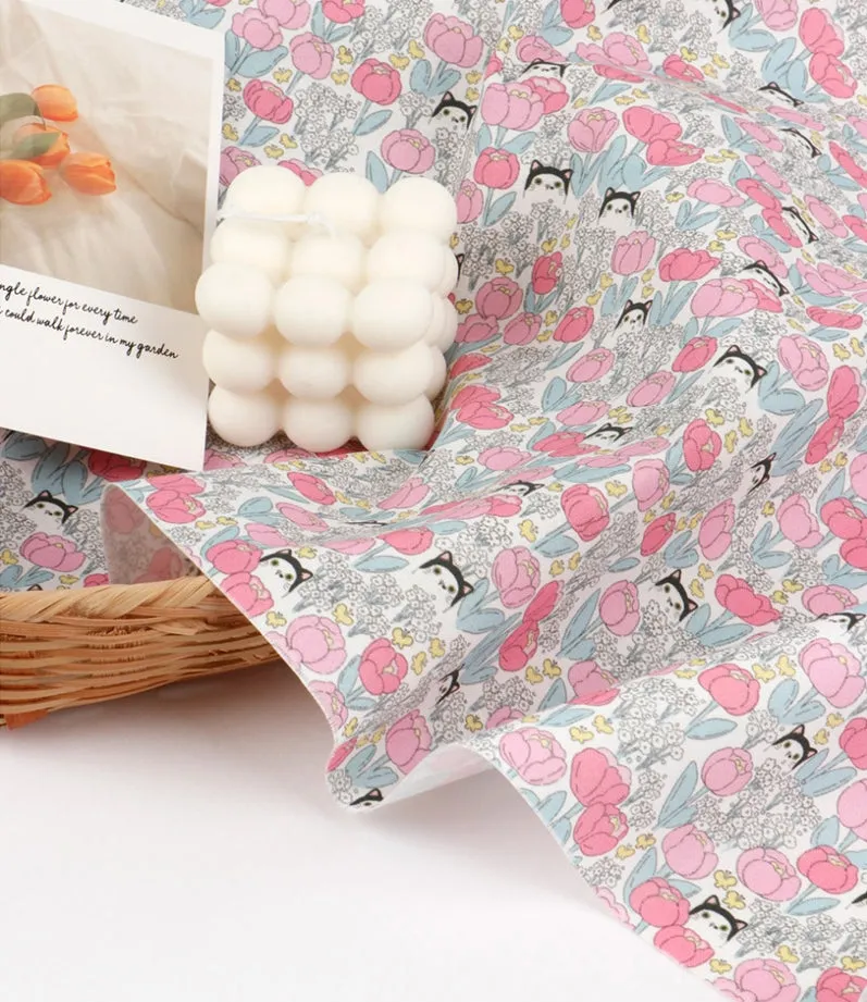 Cats and Flowers Cotton Fabric, Digital Printing - Fabric By the Yard /54351
