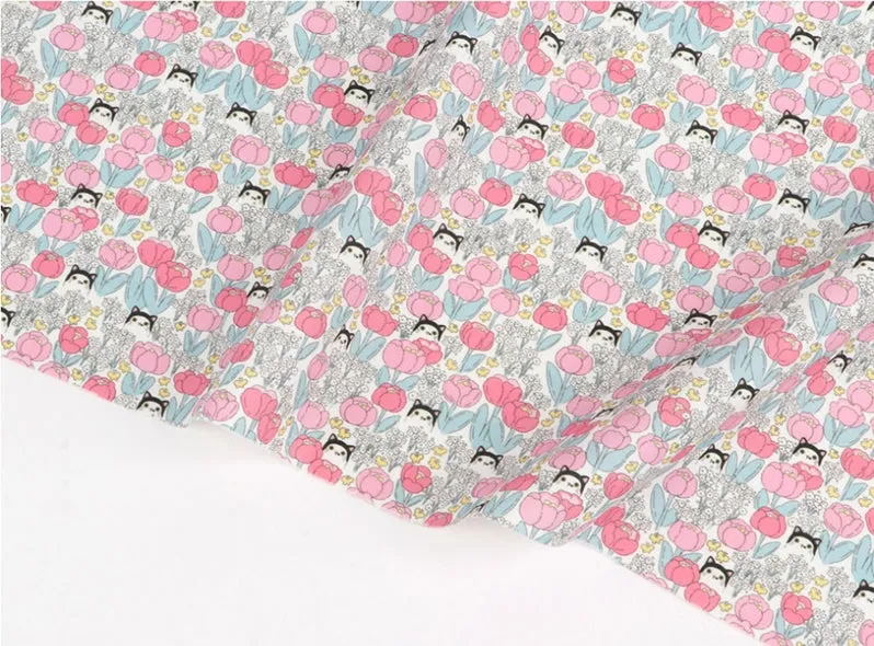 Cats and Flowers Cotton Fabric, Digital Printing - Fabric By the Yard /54351