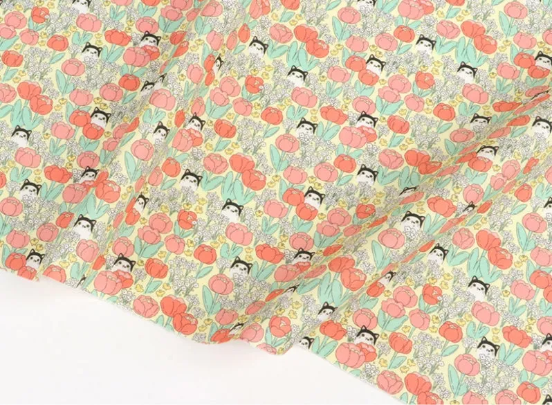 Cats and Flowers Cotton Fabric, Digital Printing - Fabric By the Yard /54351