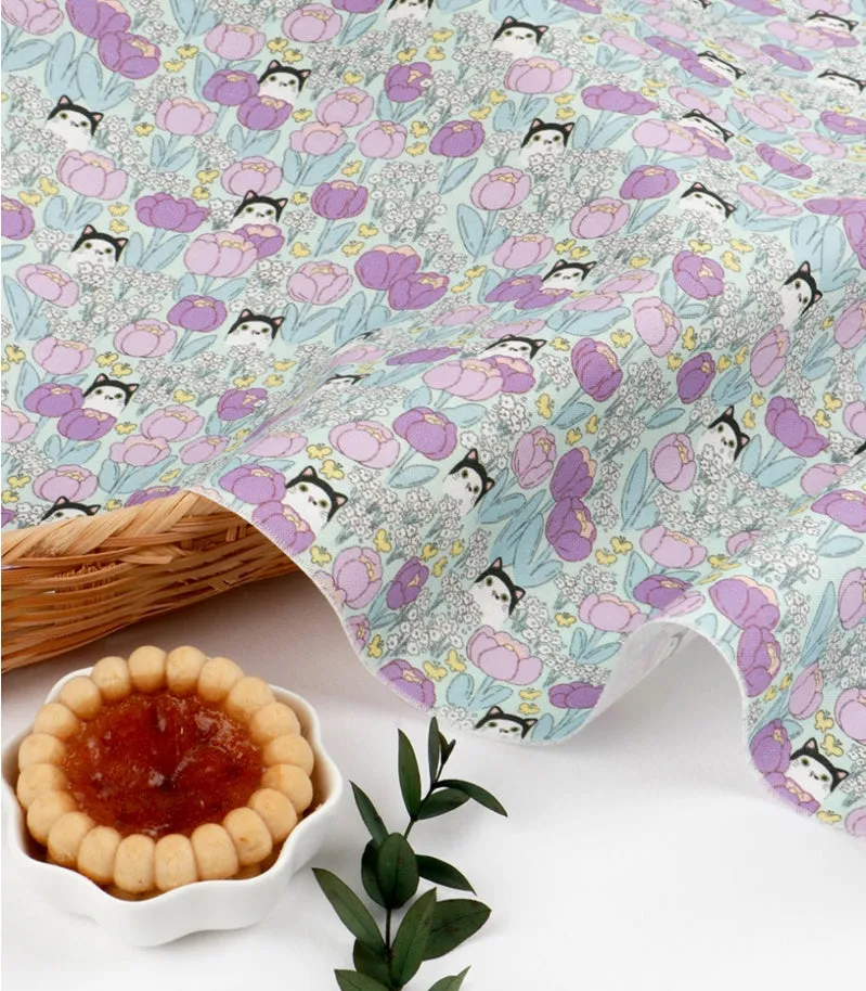 Cats and Flowers Cotton Fabric, Digital Printing - Fabric By the Yard /54351