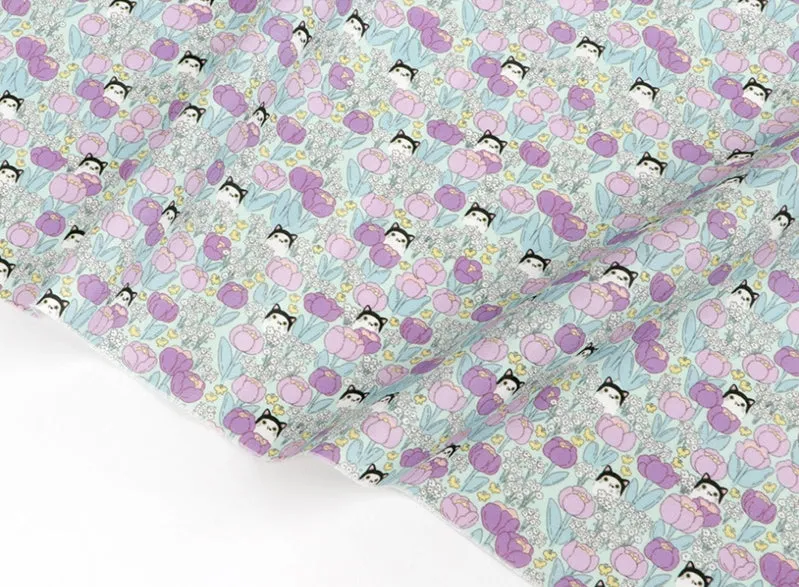 Cats and Flowers Cotton Fabric, Digital Printing - Fabric By the Yard /54351