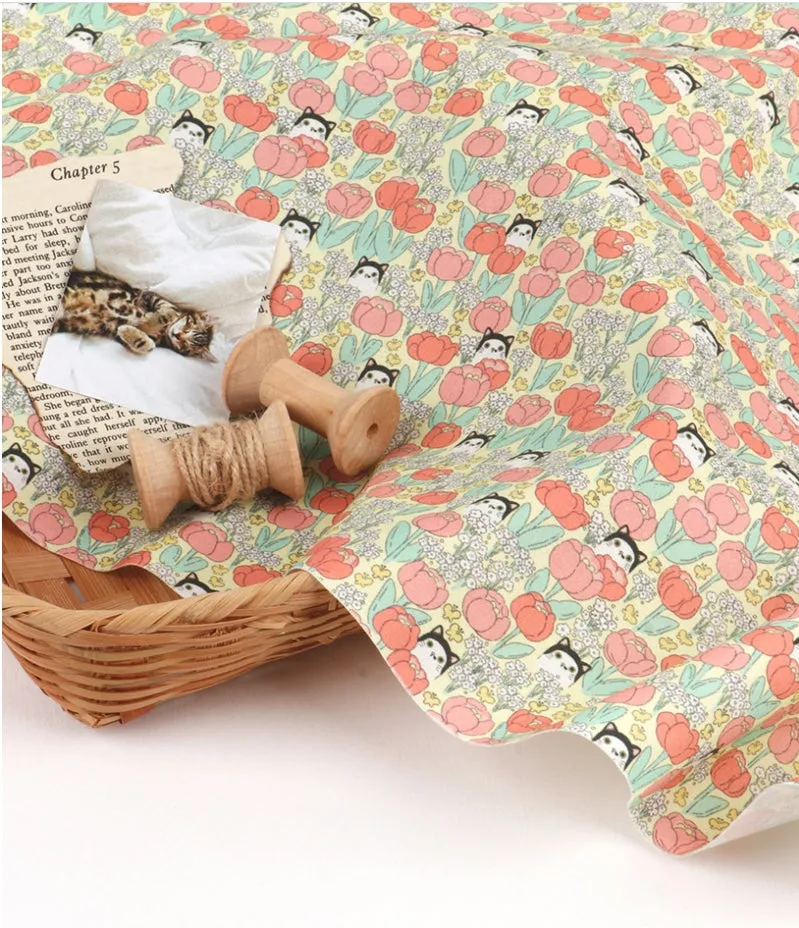 Cats and Flowers Cotton Fabric, Digital Printing - Fabric By the Yard /54351