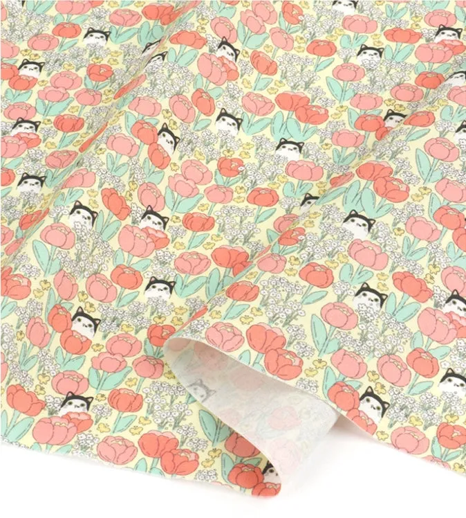 Cats and Flowers Cotton Fabric, Digital Printing - Fabric By the Yard /54351