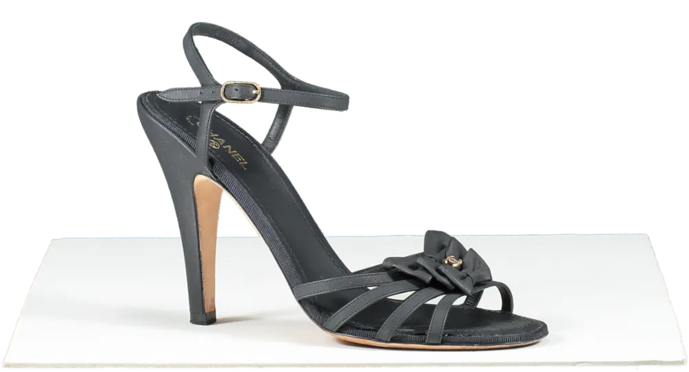 Chanel Black Leather Peep Toe CC LOGO Bow Detail Sandals UK 8 EU 41 👠