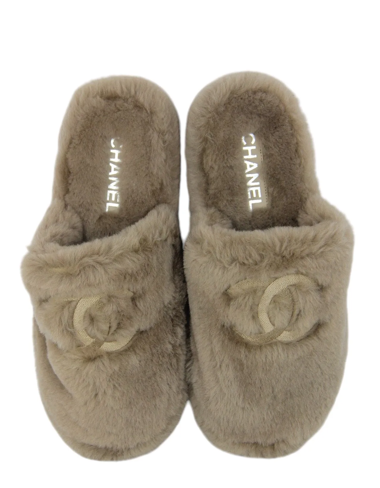 Chanel NEW Shearling Logo Slippers w/ Case sz 39