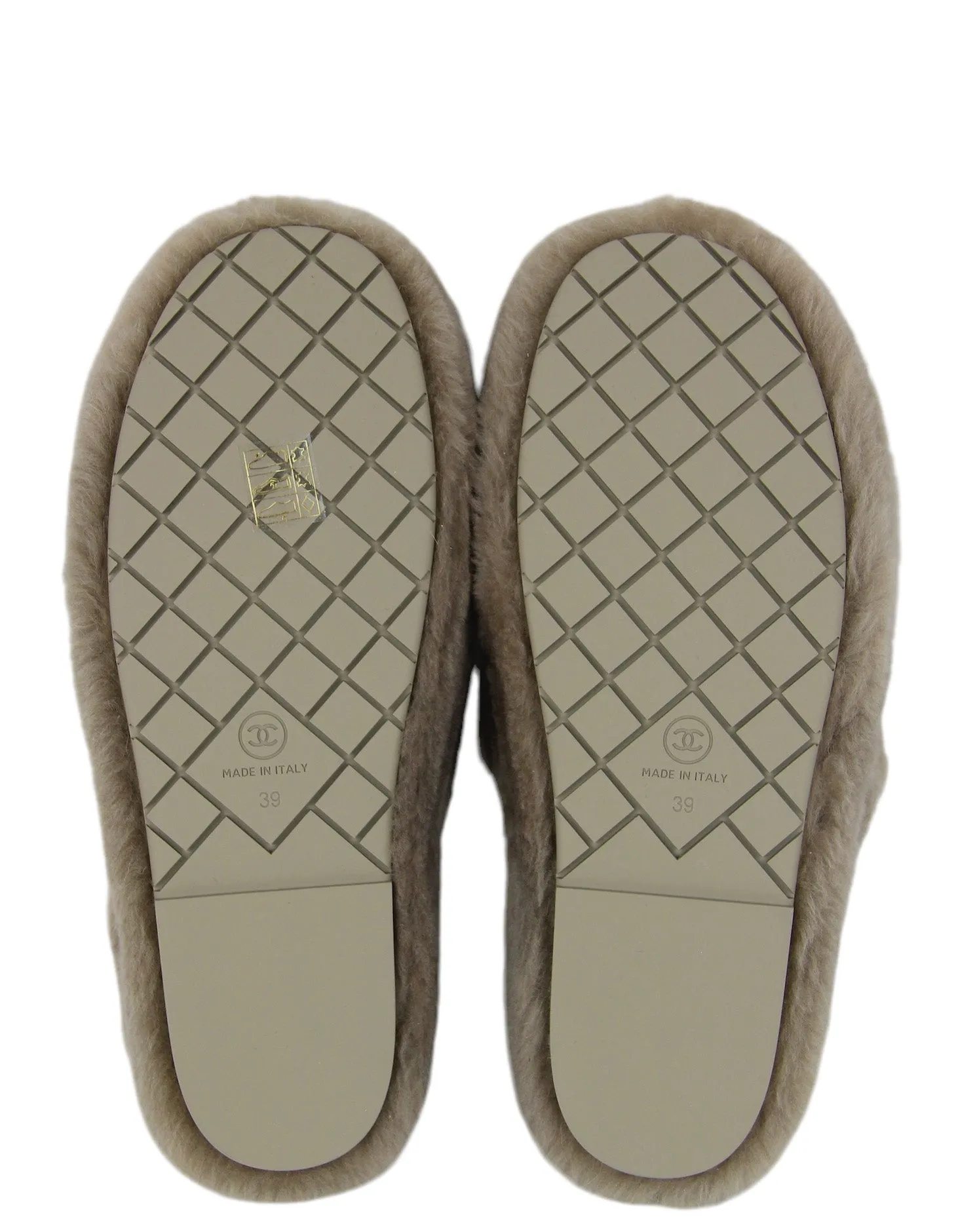 Chanel NEW Shearling Logo Slippers w/ Case sz 39