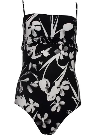 Chanel Size 40 Black Floral Swimsuit