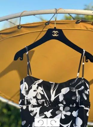 Chanel Size 40 Black Floral Swimsuit