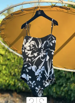 Chanel Size 40 Black Floral Swimsuit