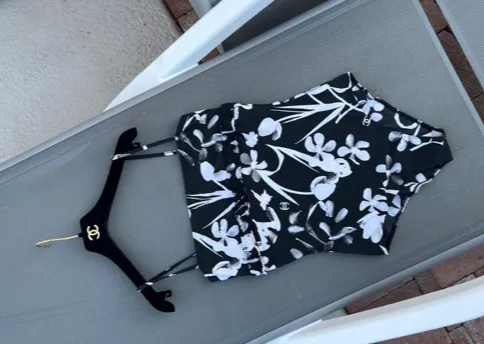 Chanel Size 40 Black Floral Swimsuit