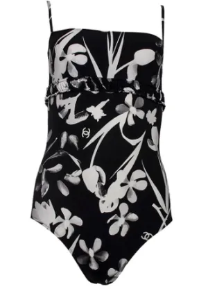 Chanel Size 40 Black Floral Swimsuit
