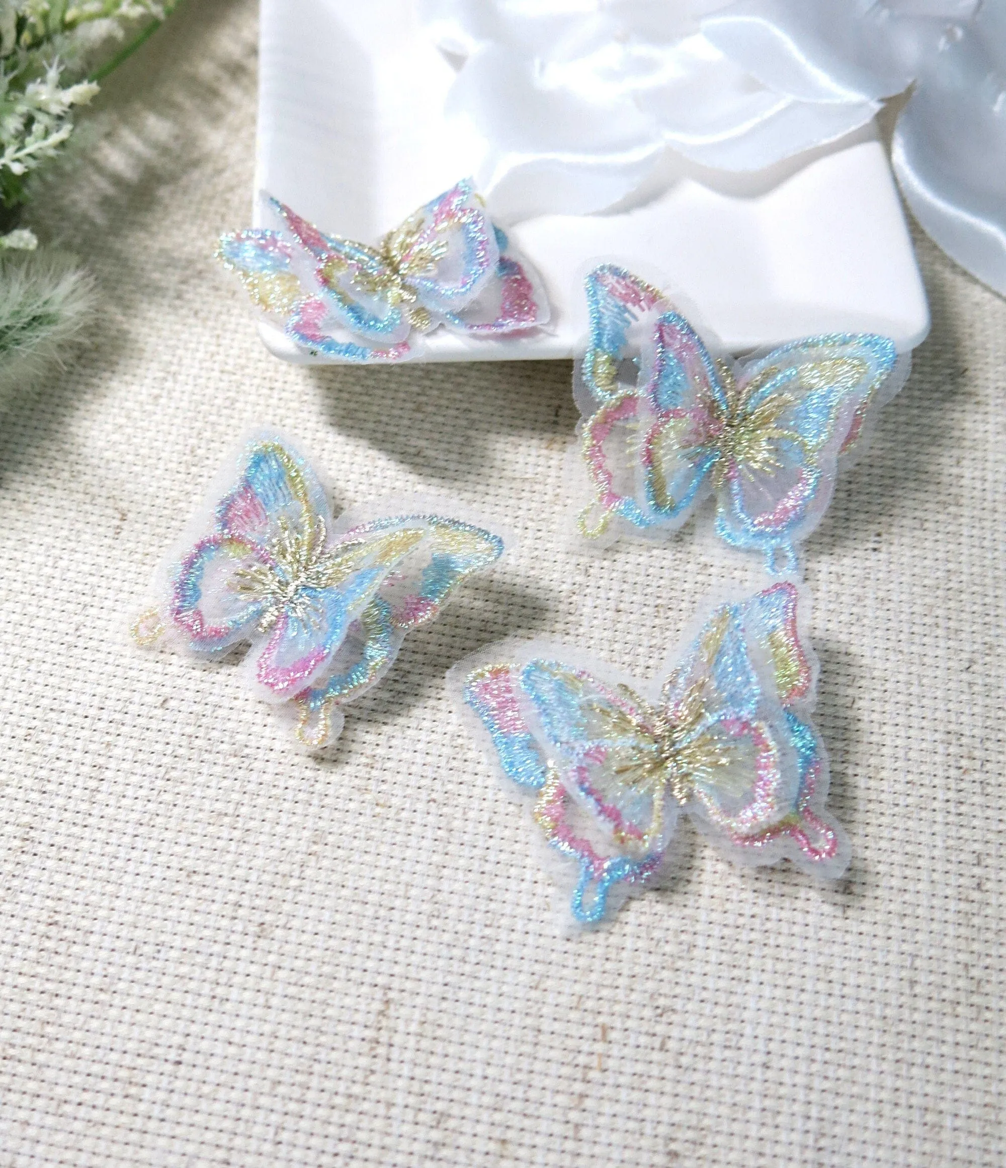 Double Butterfly 4 PC Hair Clip Set, Wedding Embroidered Chiffon Hairclips, Lace Butterfly Bridal Hair Cliips