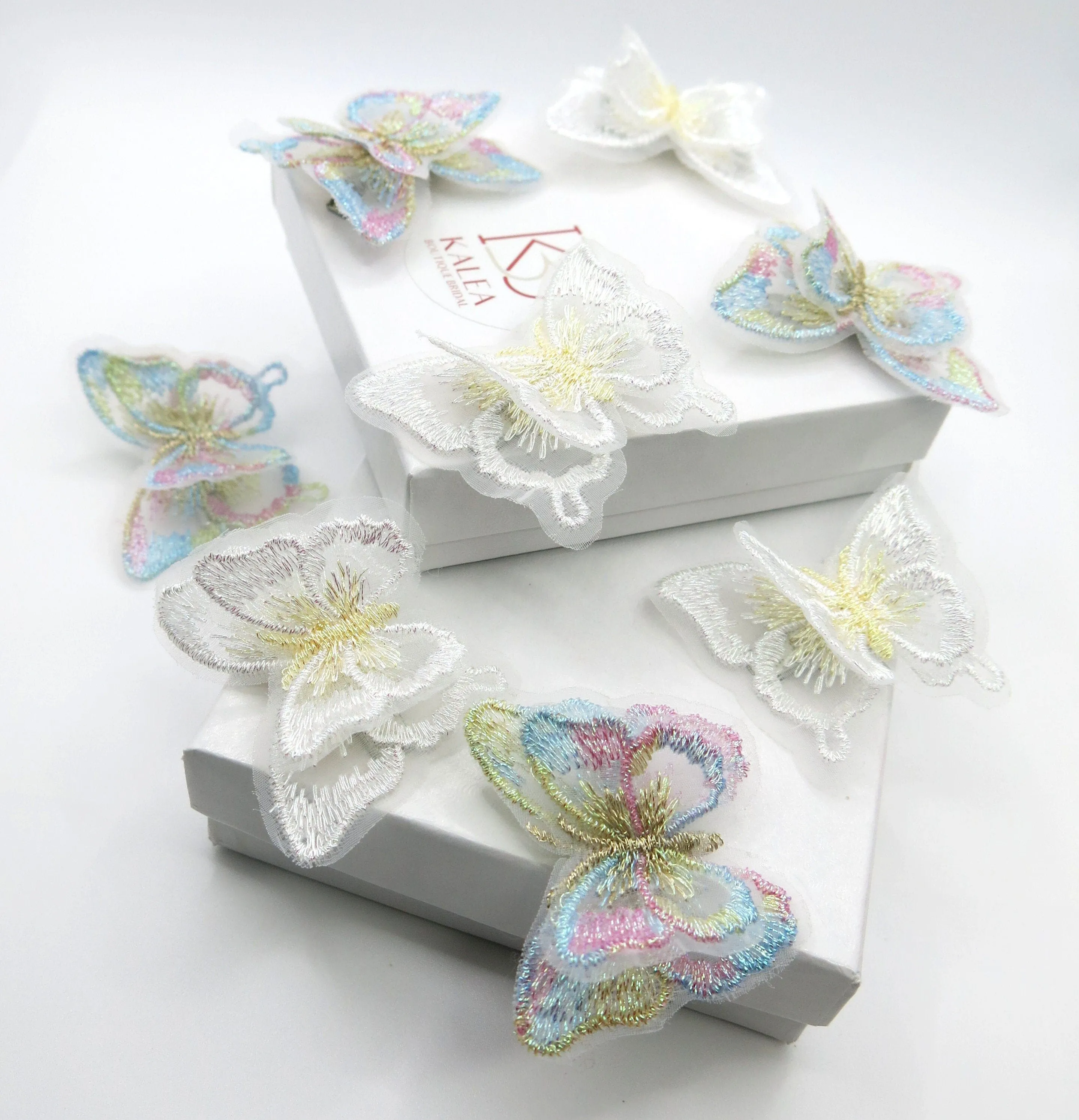 Double Butterfly 4 PC Hair Clip Set, Wedding Embroidered Chiffon Hairclips, Lace Butterfly Bridal Hair Cliips