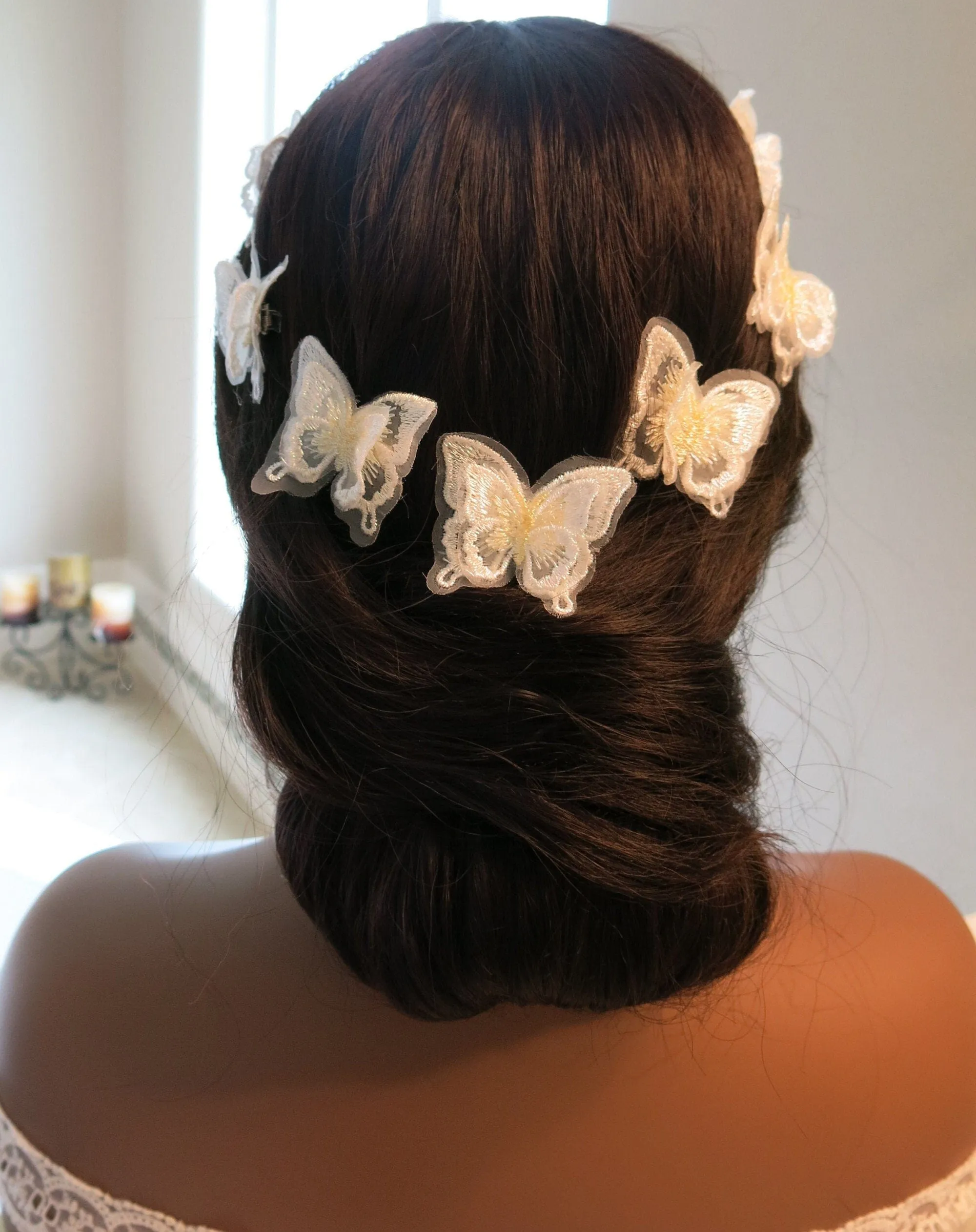 Double Butterfly 4 PC Hair Clip Set, Wedding Embroidered Chiffon Hairclips, Lace Butterfly Bridal Hair Cliips