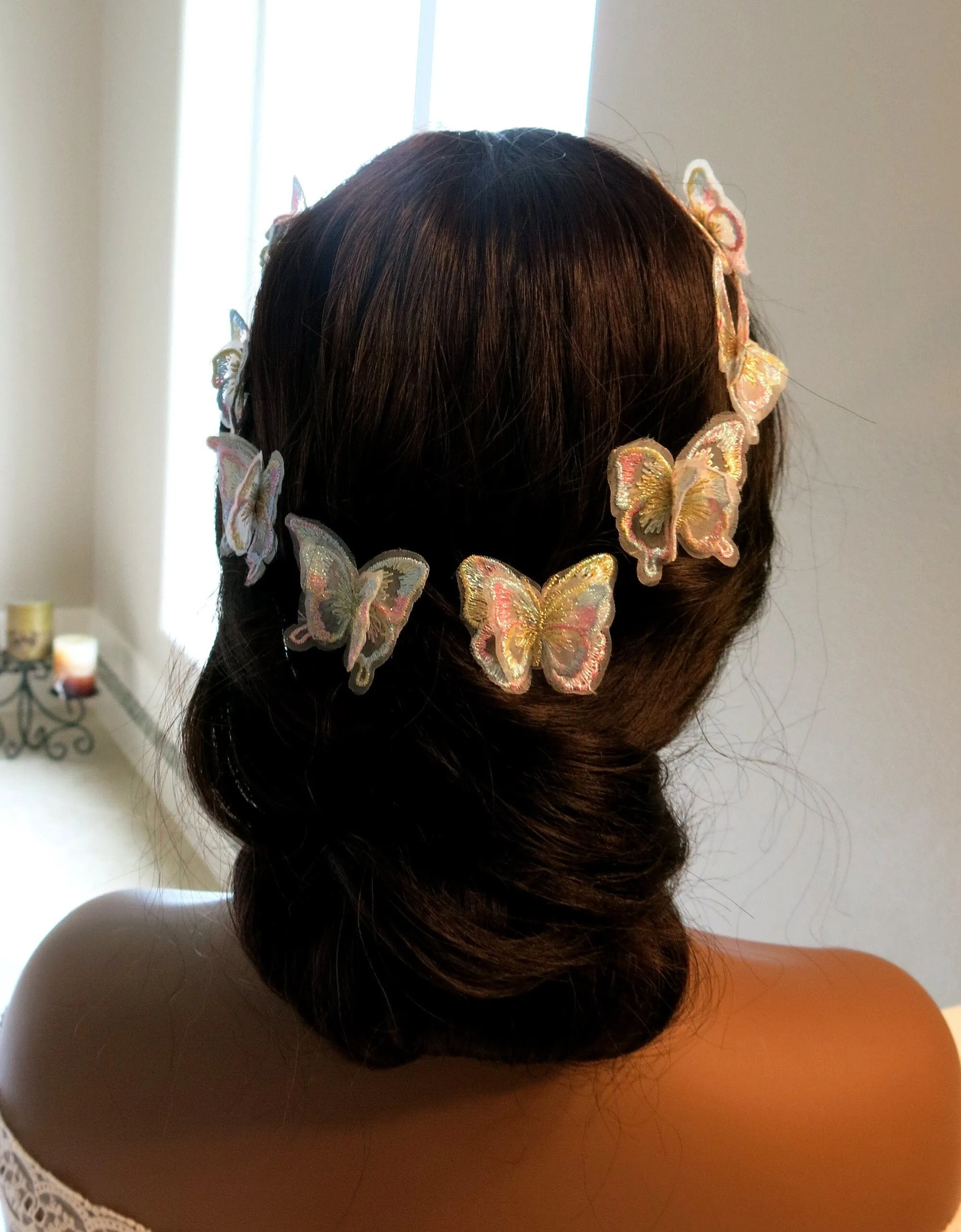 Double Butterfly 4 PC Hair Clip Set, Wedding Embroidered Chiffon Hairclips, Lace Butterfly Bridal Hair Cliips