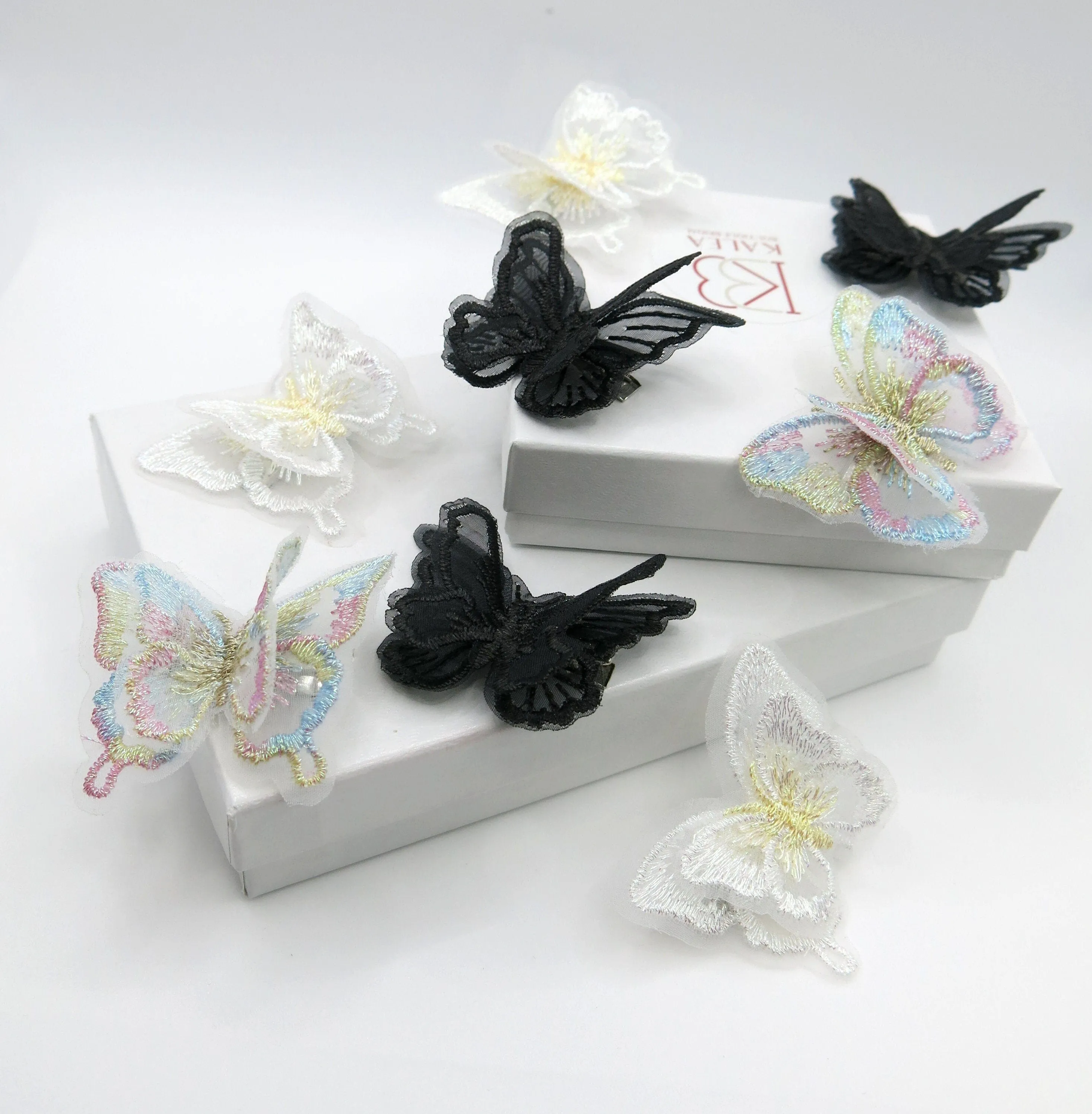Double Butterfly 4 PC Hair Clip Set, Wedding Embroidered Chiffon Hairclips, Lace Butterfly Bridal Hair Cliips