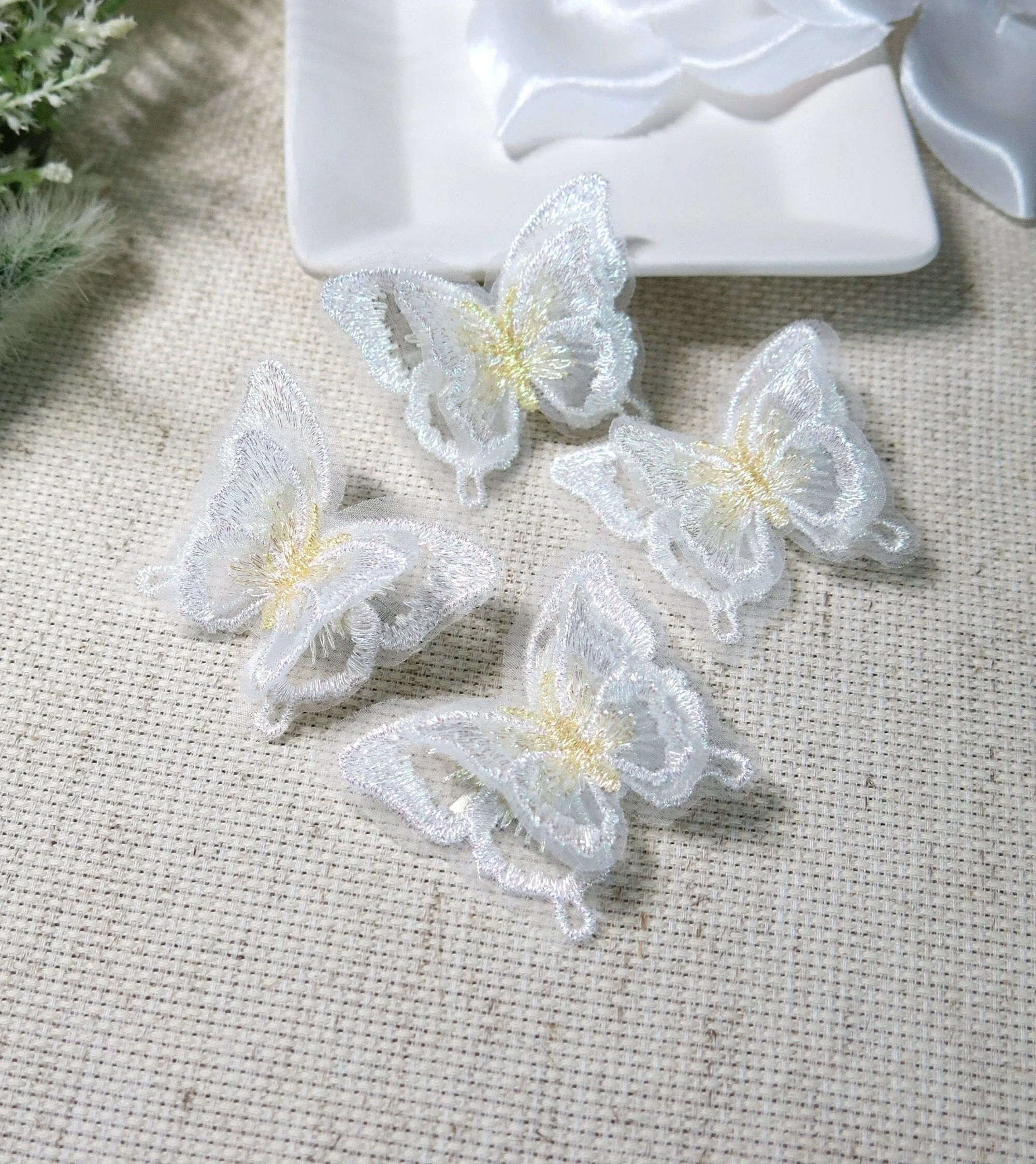 Double Butterfly 4 PC Hair Clip Set, Wedding Embroidered Chiffon Hairclips, Lace Butterfly Bridal Hair Cliips