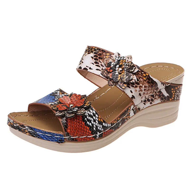 Female Vacation Floral Leopard Print Wedge Heels Slip On Sandals