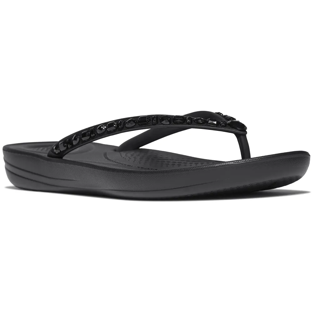 FitFlop Iqushion Multi-Crystal Ergonomic All Black Flip-Flops