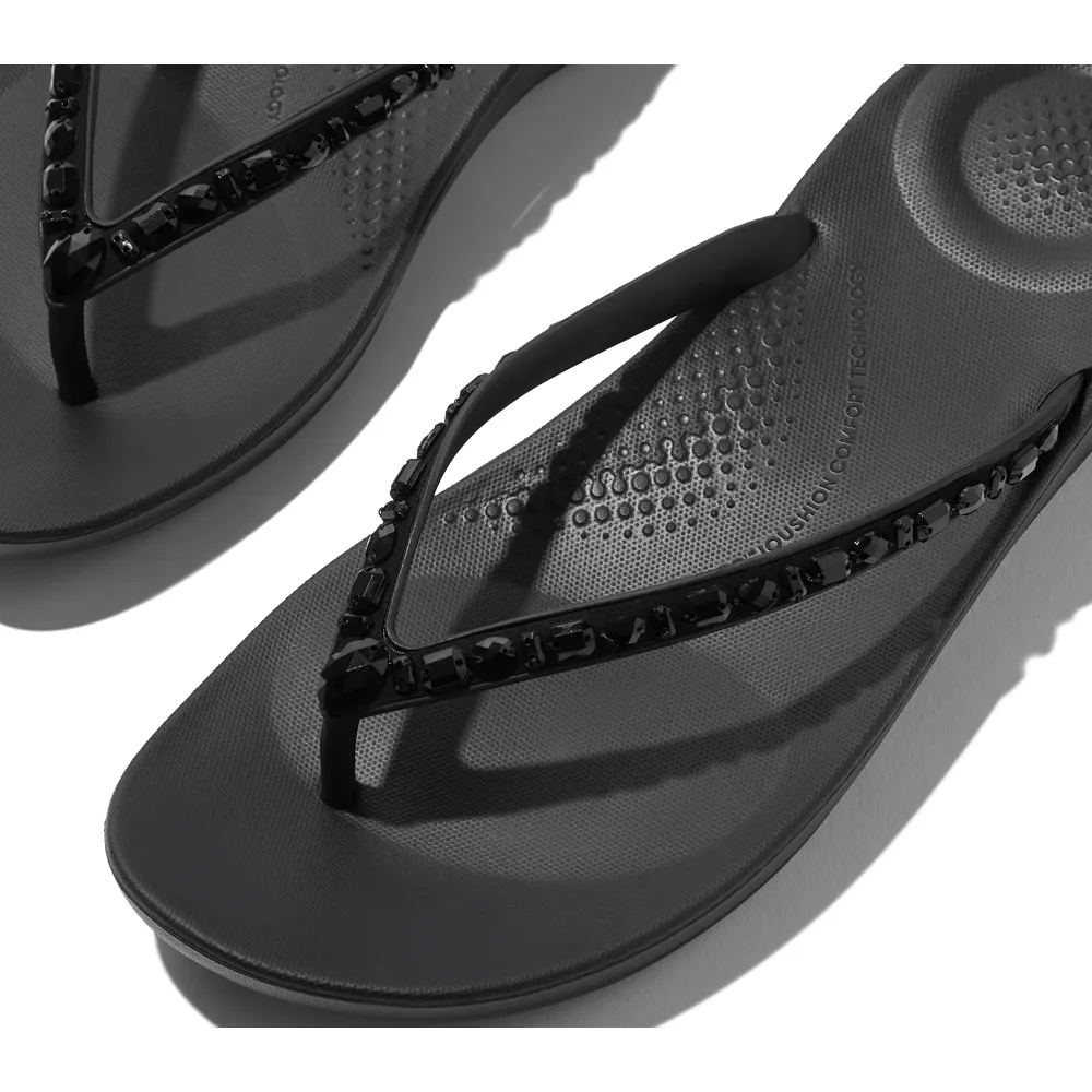 FitFlop Iqushion Multi-Crystal Ergonomic All Black Flip-Flops