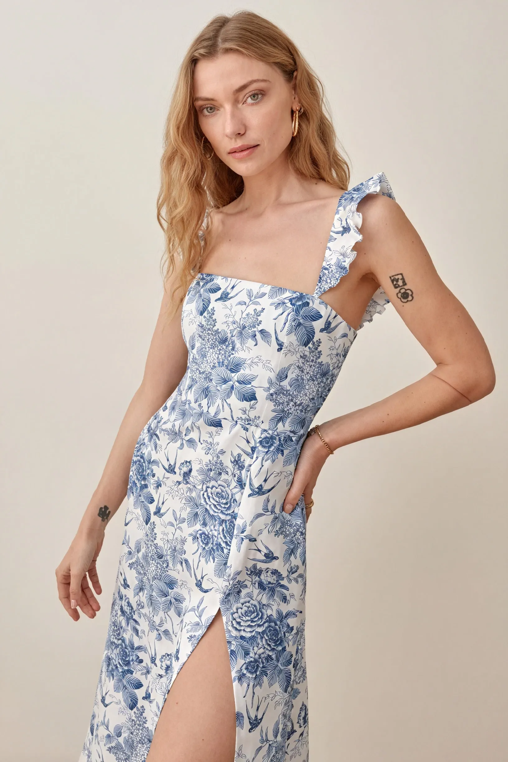Floral Midi Dress with Ruffle Straps