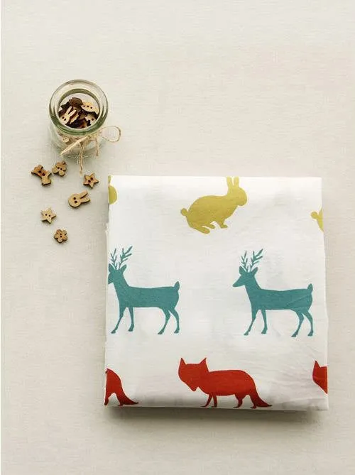 Forest Animals Cotton Fabric - Deer, Fox, Rabbit, Squirrel, Moose - By the Yard 68781