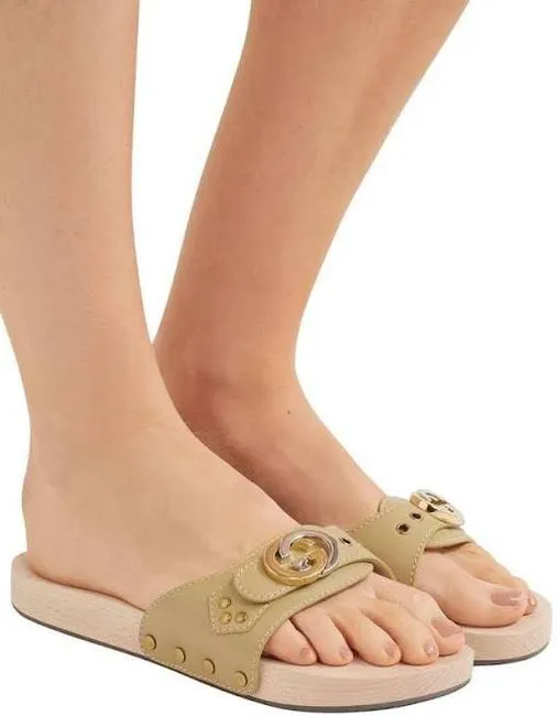 Gucci GG Lifford Wooden Slide Sandals in Beige