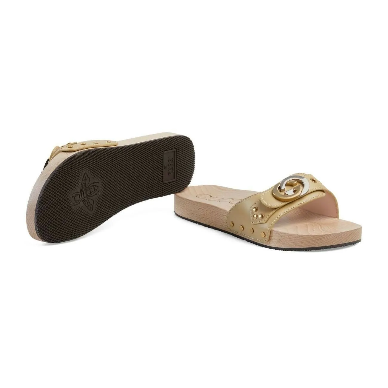 Gucci GG Lifford Wooden Slide Sandals in Beige