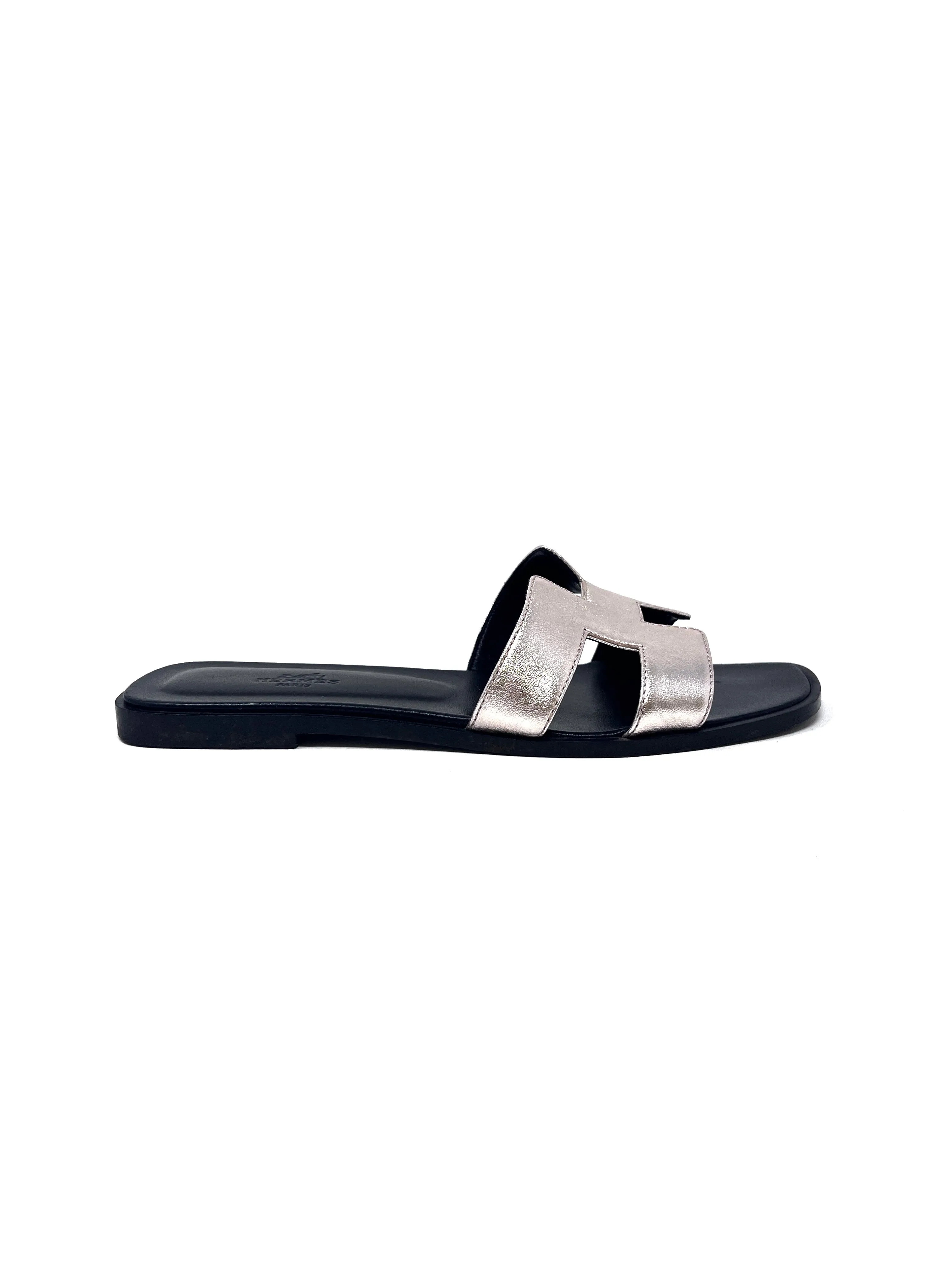 Hermes W Shoe Size 38.5 'Oran' Metallic Leather Sandals