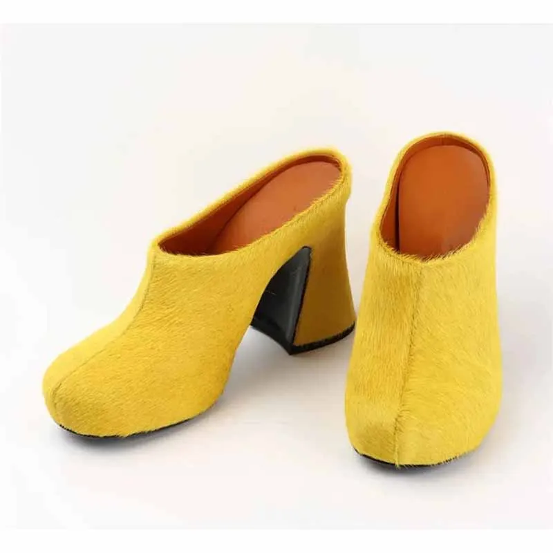 High-Heeled Horsehair Chunky Slipper Fur Mule Heels