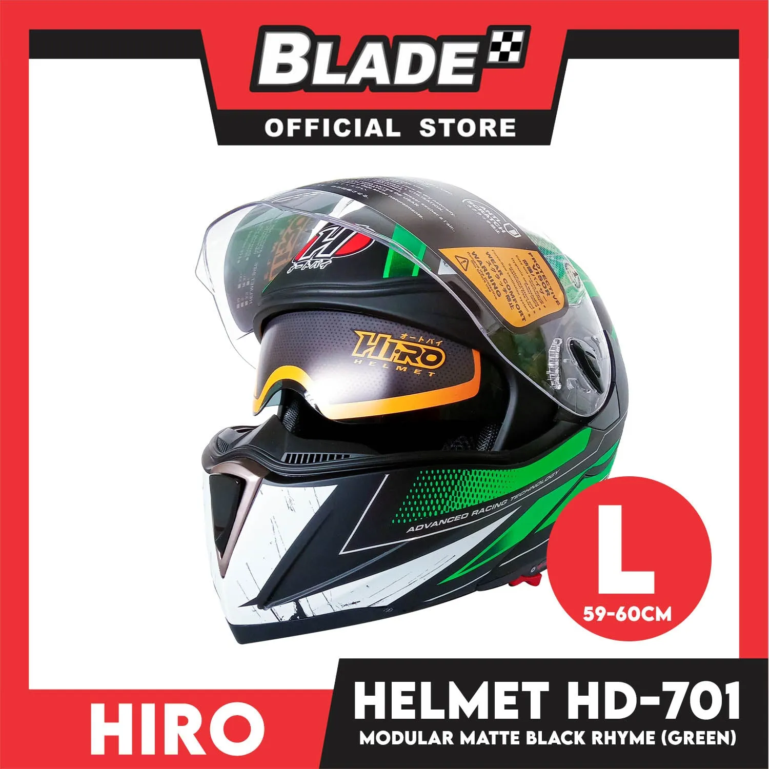 HIRO Helmet FU (Large) HD-701 Matte Black Rhyme Yellow Green Color (Modular)